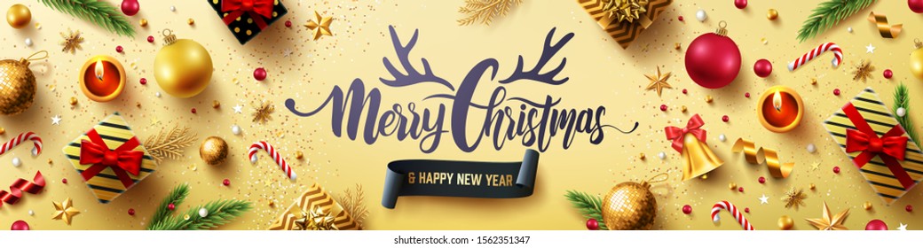 Merry Christmas and Happy New Years Golden Poster with golden gift box,ribbon and christmas decoration elements for Retail,Shopping or Christmas Promotion in golden style.Vector illustration EPS10