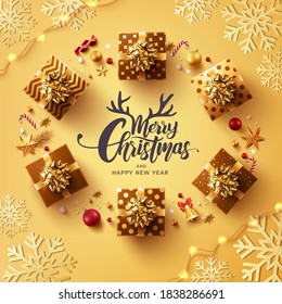 Merry Christmas and Happy New Years Poster or banner template with gift box and christmas decoration elements.Greetings and presents for New years and Christmas day in flat lay styling.