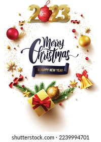 Merry Christmas and Happy New Years Golden Poster with golden gift box,ribbon and christmas decoration elements for Retail,Shopping or Christmas Promotion in golden style.Vector illustration EPS10