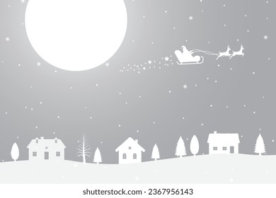 Merry Christmas and Happy New Years in background with reindeer and Santa Claus flying above at night