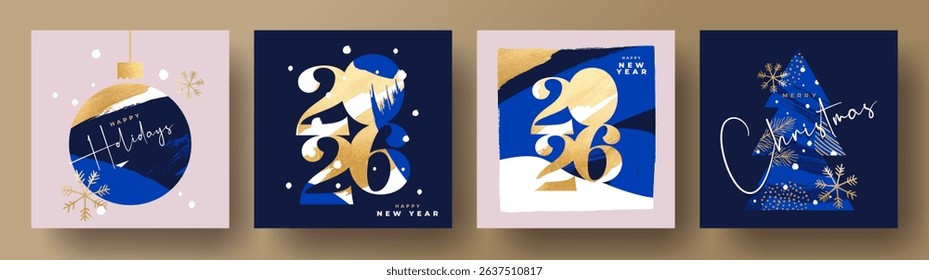 Merry Christmas and Happy New Year's Eve 2026 set of greeting card, poster, web banner, holiday cover. Xmas design template in trendy art style with doodles for ads, sales, print and season greetings