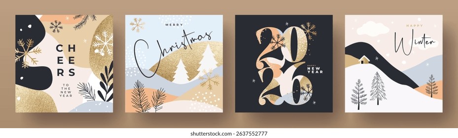 Merry Christmas and Happy New Year's Eve 2026 set of greeting card, poster, web banner, holiday cover. Xmas design template in trendy boho style with doodles for ads, sales, print and season greetings