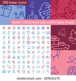 Merry Christmas and Happy new years  linear icons set