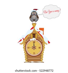 Merry Christmas and Happy New Year's vector illustration with cartoon owl sitting on a fairy house with clock. New Year's eve. Speech bubble.