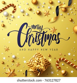 Merry Christmas and Happy New Years Golden Poster with golden gift box,ribbon and christmas decoration elements.Vector illustration EPS10