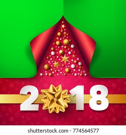 Merry Christmas and Happy New Years 2018 with christmas tree from gift wrap paper,Golden ribbon bows and decoration elements.Vector illustration EPS10