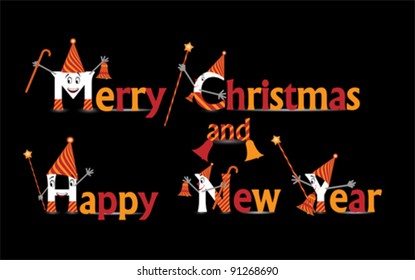 Merry Christmas and Happy New Years with comic characters. Winter holiday greeting card, vector