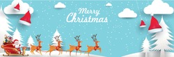 Veselé Vánoce A šťastný Nový Rok.Santa Claus Je Jezdí Sobí Sáně S Pytlem Dárků V Vánoční Sněhové Scéně. Vektorové Ilustrace Pozdrav Plakát Horizontální Banner Papír Art Koncept
