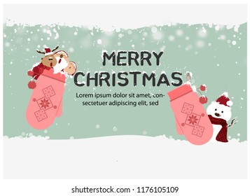 Merry Christmas and Happy New Year,Santa Claus,Snowman,Reindeer with little kids are in gloves happy greeting card vector
