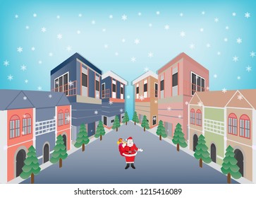 Merry Christmas and Happy New Year,santa claus with snowing in the city,perspective view vector illustration.