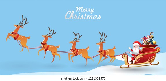 Merry Christmas and Happy New Year.Santa Claus is rides reindeer sleigh with a sack of gifts in Christmas snow scene. vector illustration Greeting card poster horizontal banner