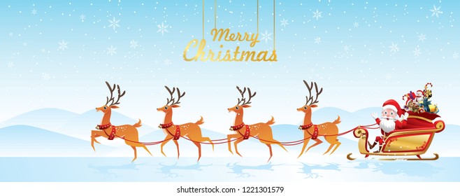 Merry Christmas and Happy New Year.Santa Claus is rides reindeer sleigh with a sack of gifts in Christmas snow scene. vector illustration Greeting card poster horizontal banner