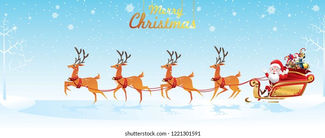 Merry Christmas and Happy New Year.Santa Claus is rides reindeer sleigh with a sack of gifts in Christmas snow scene. vector illustration Greeting card poster horizontal banner