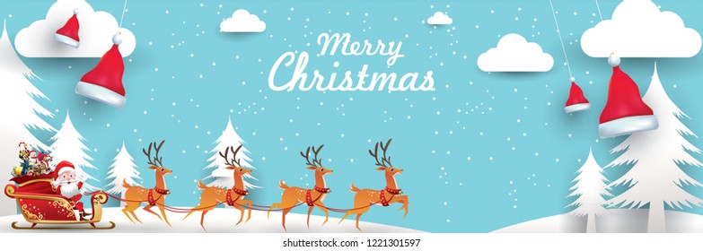 Merry Christmas And Happy New Year.Santa Claus Is Rides Reindeer Sleigh With A Sack Of Gifts In Christmas Snow Scene. Vector Illustration Greeting Card Poster Horizontal Banner Paper Art Concept