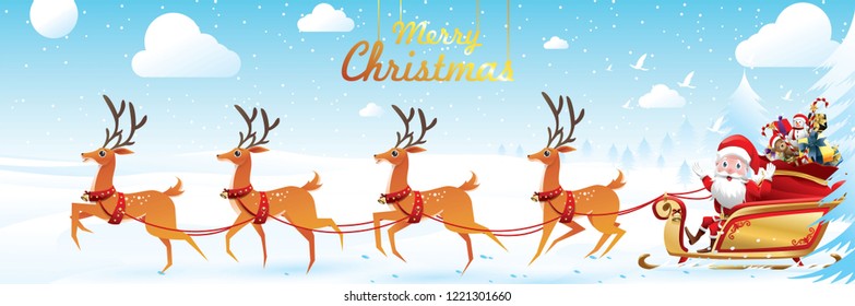 Merry Christmas and Happy New Year.Santa Claus is rides reindeer sleigh with a sack of gifts in Christmas snow scene. vector illustration Greeting card poster horizontal banner