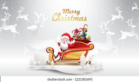 Merry Christmas and Happy New Year.Santa Claus is rides reindeer sleigh with a sack of gifts in Christmas snow scene. vector illustration Greeting card poster horizontal banner paper art concept