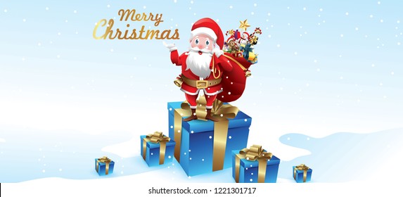 Merry Christmas and Happy New Year.Santa Claus is waving with a sack of gifts in Christmas snow scene. vector illustration Greeting card poster horizontal banner