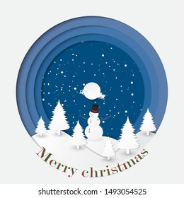  Merry Christmas and Happy New Year.Santa Claus and snowman in forest.White silhouette paper art design on blue sky background.Vector illustration.Eps10