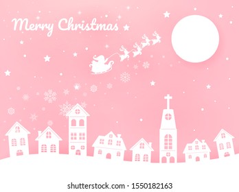 Merry Christmas and Happy New Year.Santa rides a rickshaw in the pink sky to give away gifts for children at Christmas.