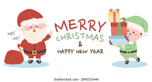 Merry Christmas and happy new year.Santa claus and elf hold gift box on white background.Cartoon character design.Image for card,banner,wallpaper.Kid graphic.Kawaii.Winter.Holiday.Vector.Illustration.