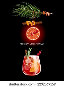 Merry Christmas and Happy New Year.Spruce branch decorated with orange, cinnamon.cranberries, a glass of Christmas sangria with cranberries.