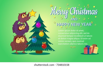 Merry Christmas and happy New Year,The owl family decorates the tree,vector illustration.