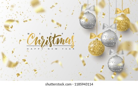 Merry Christmas and Happy New Year.Trendy background for holiday greeting card, invitation, party flyer, poster, banner. Silver, gold, shiny tree balls and confetti. Vector illustration