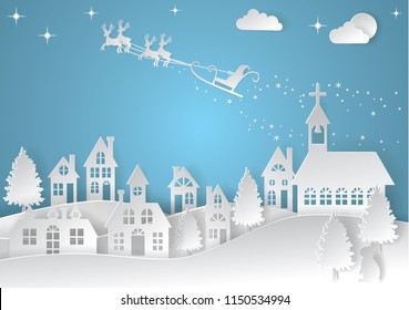 Feliz Navidad y Feliz Año Nuevo. Vector ilustra el paisaje invernal, Santa Claus en el cielo llegando a la ciudad, arte de papel y estilo artesanal.