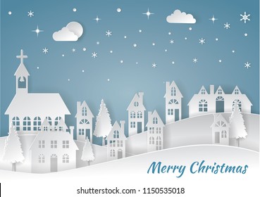 Merry Christmas and Happy New Year.Vector illustration winter  landscape  paper art and craft style.