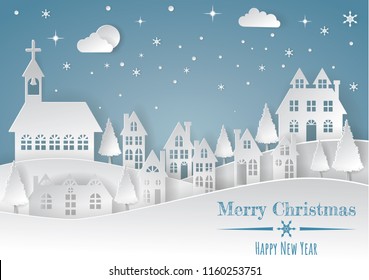 Merry Christmas and Happy New Year.Vector illustration winter  landscape  paper art and craft style.