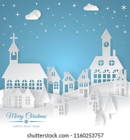Merry Christmas and Happy New Year.Vector illustration winter  landscape  paper art and craft style.