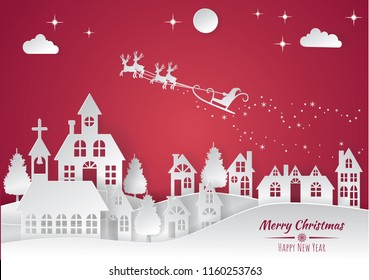 Merry Christmas and Happy New Year.Vector illustration winter  landscape, Santa Claus on the sky coming to City, paper art and craft style.