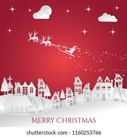 Merry Christmas and Happy New Year.Vector illustration winter  landscape, Santa Claus on the sky coming to City, paper art and craft style.