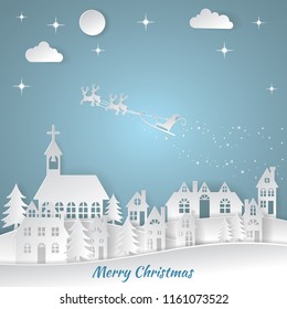 Merry Christmas and Happy New Year.Vector illustration winter  landscape, Santa Claus on the sky coming to City, paper art and craft style.