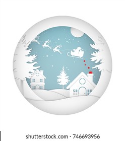 Merry Christmas and Happy New Year.Vector illustration of Santa Claus on the sky coming to City give gifts ,paper art and craft style.