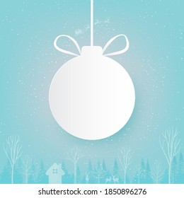 Merry Christmas and Happy New Year.White christmas ball on winter season landscape with Santa Claus in sleigh.Paper art vector illustration.
