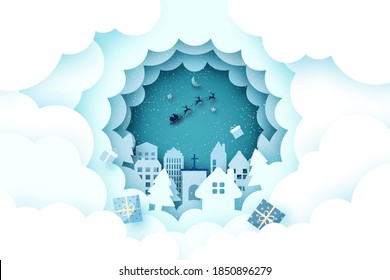 Merry Christmas and Happy New Year.Winter season landscape with Santa Claus in sleigh.Paper art vector illustration.