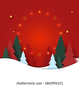 Merry Christmas and Happy New Year.Winter season landscape.Decorated christmas tree with lights and stars.Paper art vector illustration.