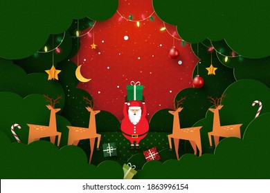 Merry Christmas and Happy New Year.Winter season landscape.Decorated with santa claus,deers,lights and stars.Paper art vector illustration.