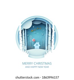 Merry Christmas and Happy New Year.Winter season landscape with Santa Claus in sleigh.Paper art vector illustration.