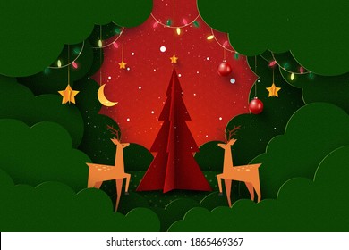 Merry Christmas and Happy New Year.Winter season landscape.Decorated with christmas tree,deers,lights and stars.Paper art vector illustration.