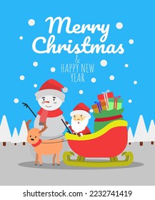 Merry Christmas  happy new yer Santa Claus, Snowman, and Reindeer in Christmas snow scene.