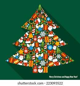 Merry christmas and happy newy year icons in pine tree shape vector illustration