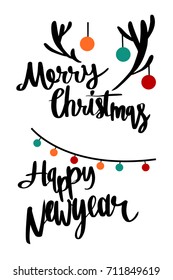 Merry Christmas And Happy Newyear Minimal Design Style, Illustration Vector Greeting And Invitation Card Design.  