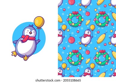 Merry christmas with happy penguin and balloon seamless pattern