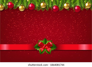 Merry Christmas Happy Poster With Glitter With Holly Berry With Gradient Mesh, Vector Illustration
