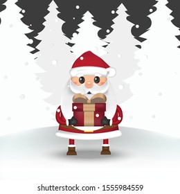 Merry Christmas, Happy Christmas, santa claus cartoon with gifts, snow falling in the background, presents lying around on the ground, Christmas design element, vector illustration.