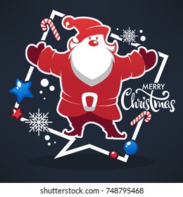 Merry Christmas, Happy Santa Claus image, bright Christmas decorations, snowflakes, lollipops and lettering composition flyer or banner template