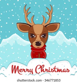 Merry Christmas with happy smiling deer and blue mountains. Color stylish modern illustration. EPS 10.