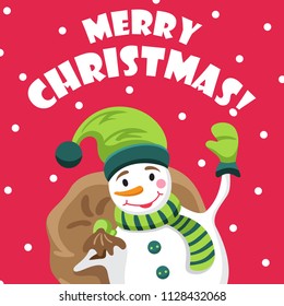 Merry Christmas! Happy snowman with bag of gifts. Merry Christmas  Happy New Year greeting card. Cheerful snowman. Vector illustration on red background.